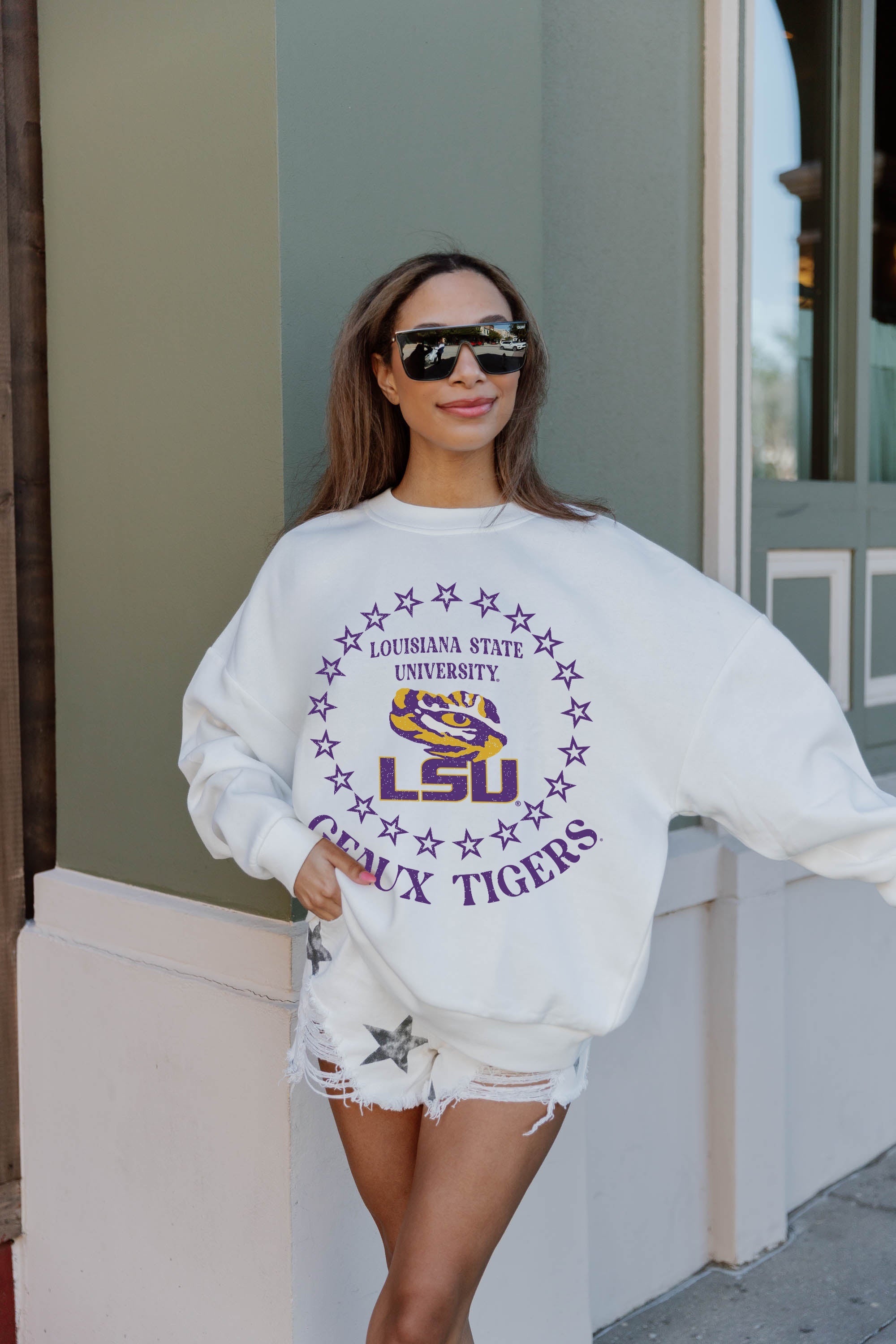 LSU TIGERS SUPERSTAR PREMIUM FLEECE DROP SHOULDER CREWNECK PULLOVER