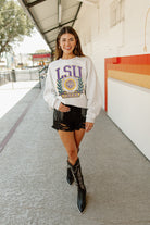 LSU TIGERS GO FIGHT WIN PREMIUM FLEECE DROP SHOULDER CREWNECK PULLOVER BY MADI PREWETT