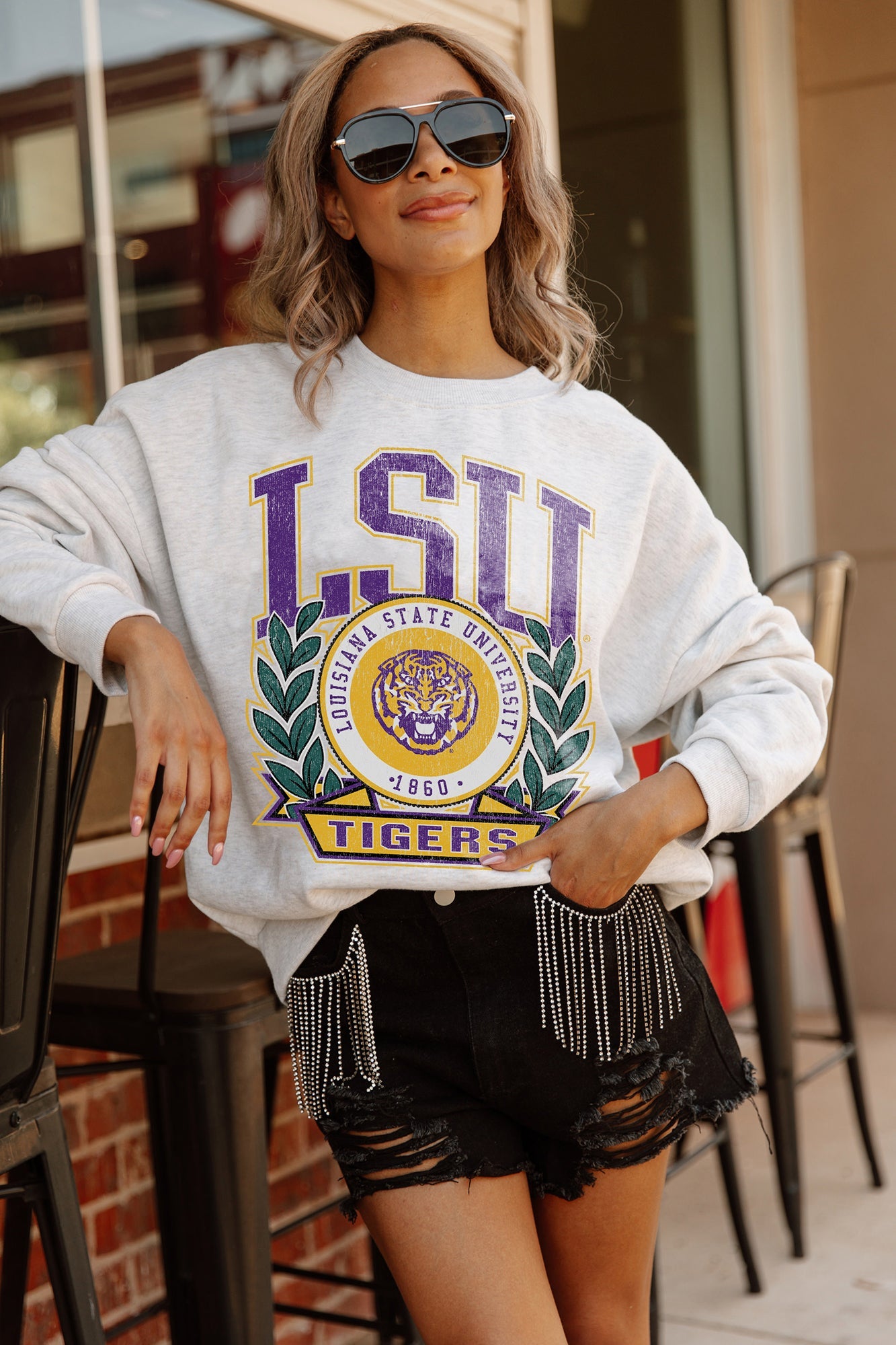 LSU TIGERS GO FIGHT WIN PREMIUM FLEECE DROP SHOULDER CREWNECK PULLOVER BY MADI PREWETT