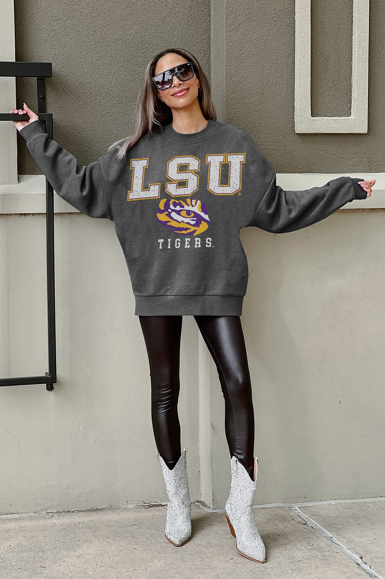 LSU TIGERS EASY STREET PREMIUM FLEECE DROP SHOULDER CREWNECK PULLOVER