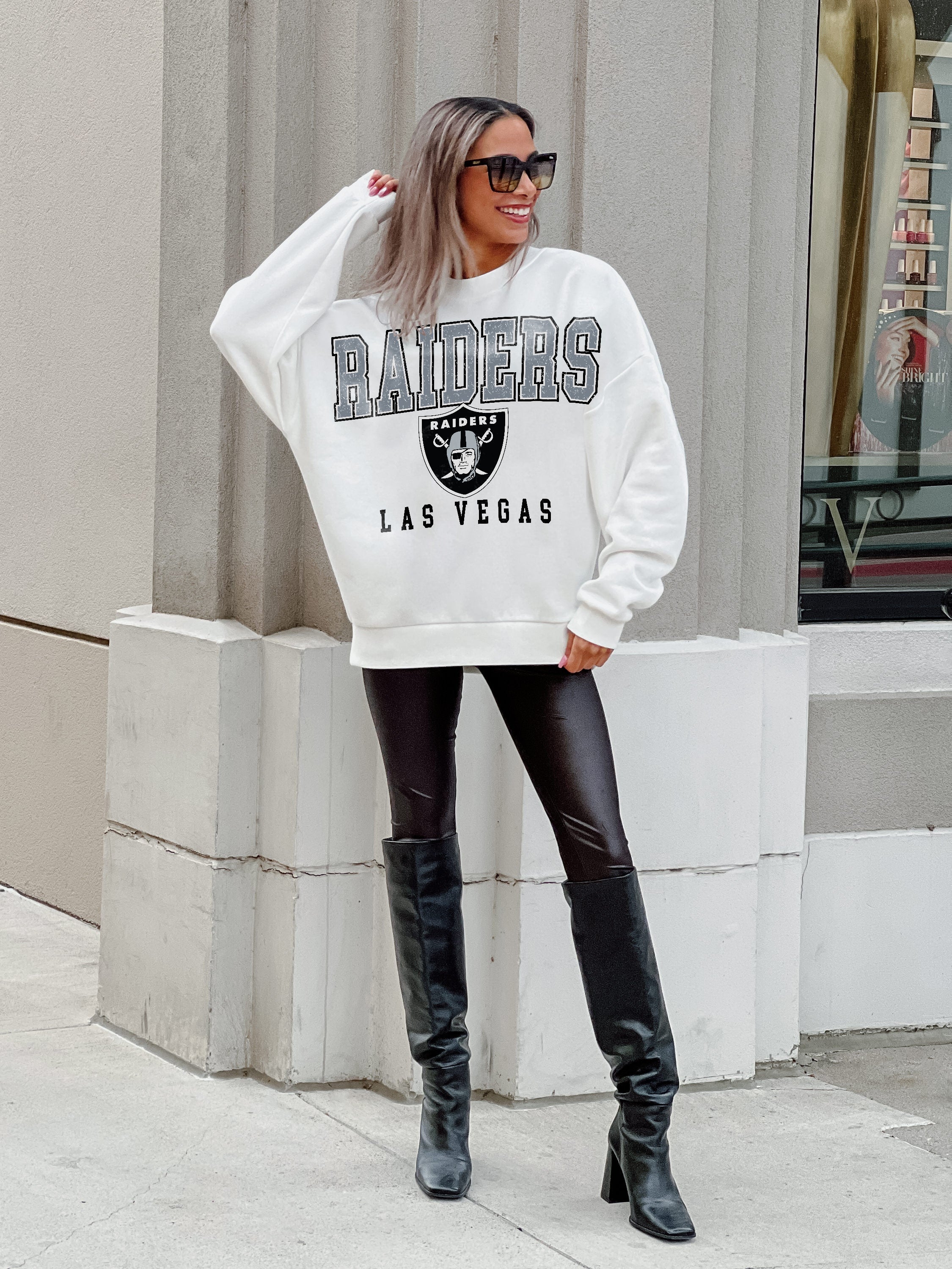 Women's Las Vegas Raiders Gameday Couture White Sunday Drives Pullover  Sweatshirt