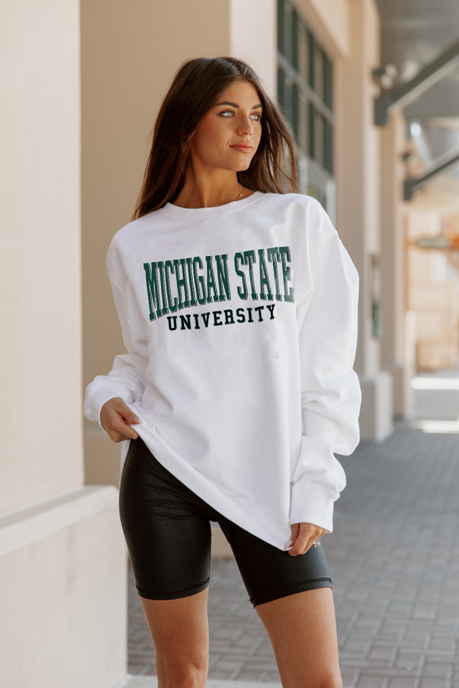 MICHIGAN STATE SPARTANS WORK FOR IT CREW DROP SHOULDER PULLOVER BY MADI PREWETT