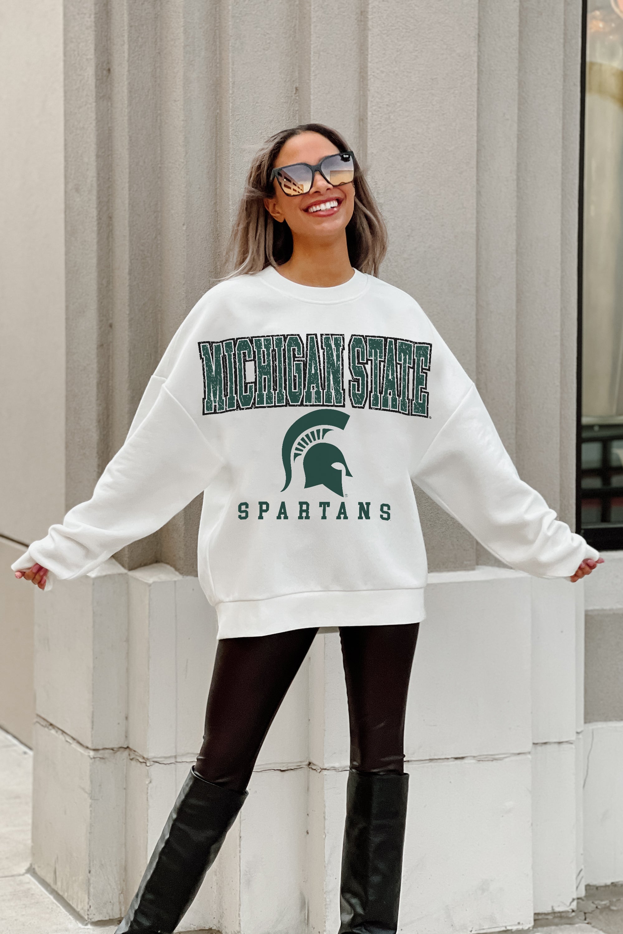 MICHIGAN STATE SPARTANS FREESTYLE PREMIUM FLEECE DROP SHOULDER CREWNECK PULLOVER