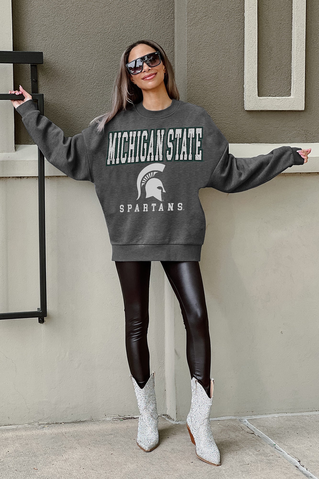 MICHIGAN STATE SPARTANS EASY STREET PREMIUM FLEECE DROP SHOULDER CREWNECK PULLOVER