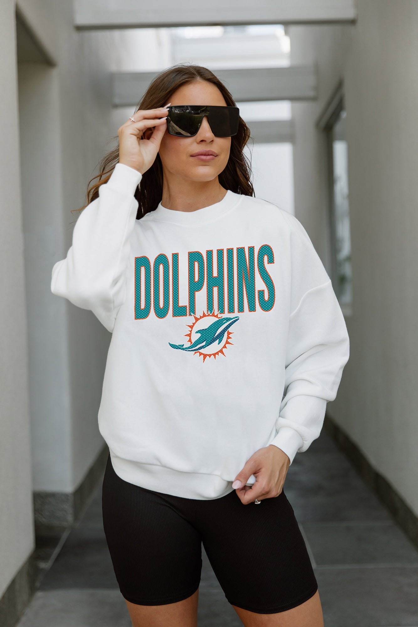 MIAMI DOLPHINS JUST GO WITH IT PREMIUM FLEECE DROP SHOULDER CREWNECK PULLOVER