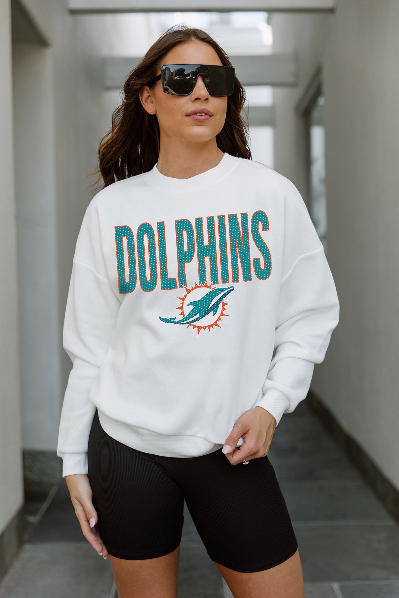 MIAMI DOLPHINS JUST GO WITH IT PREMIUM FLEECE DROP SHOULDER CREWNECK PULLOVER