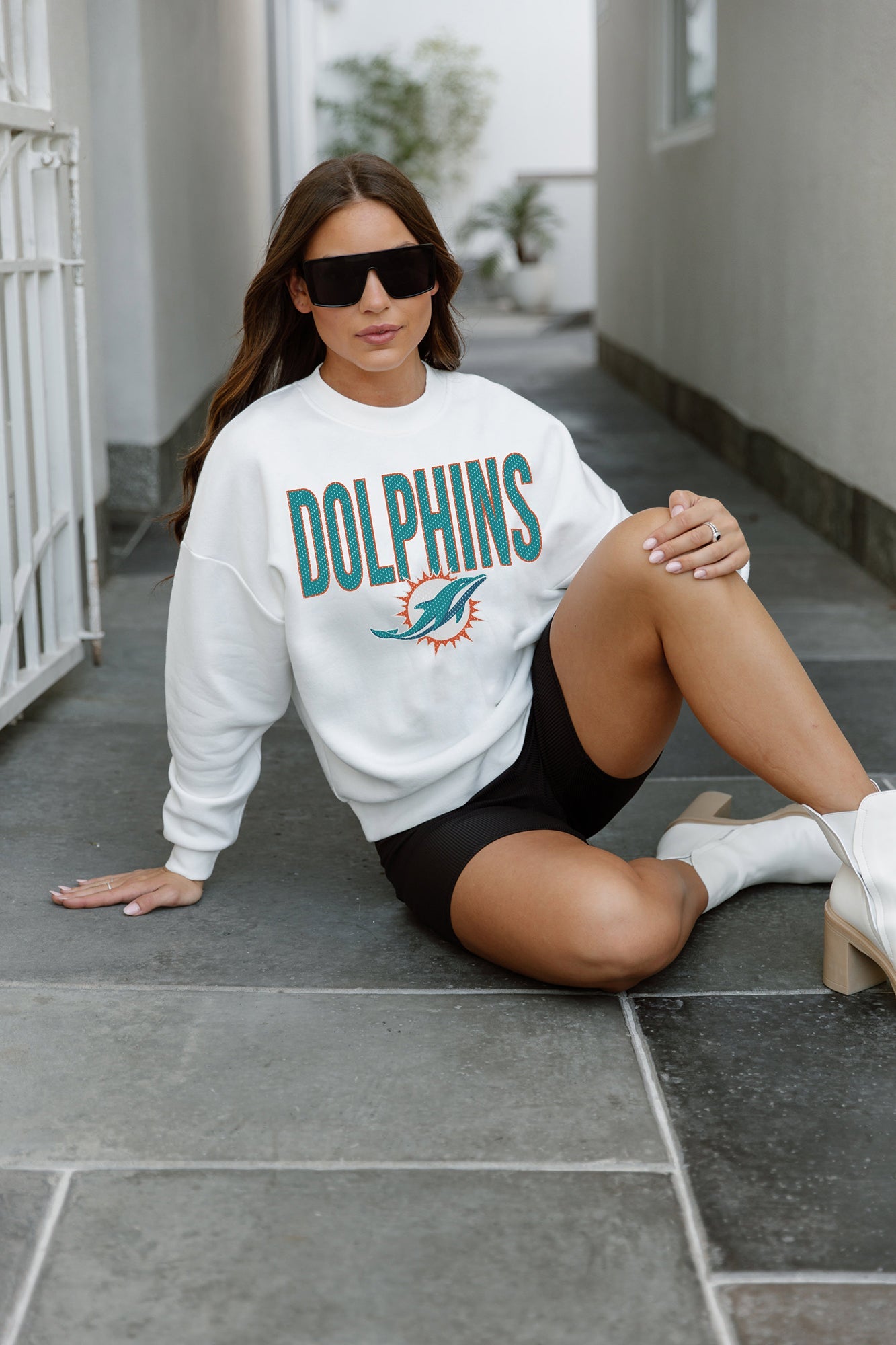 MIAMI DOLPHINS JUST GO WITH IT PREMIUM FLEECE DROP SHOULDER CREWNECK  PULLOVER