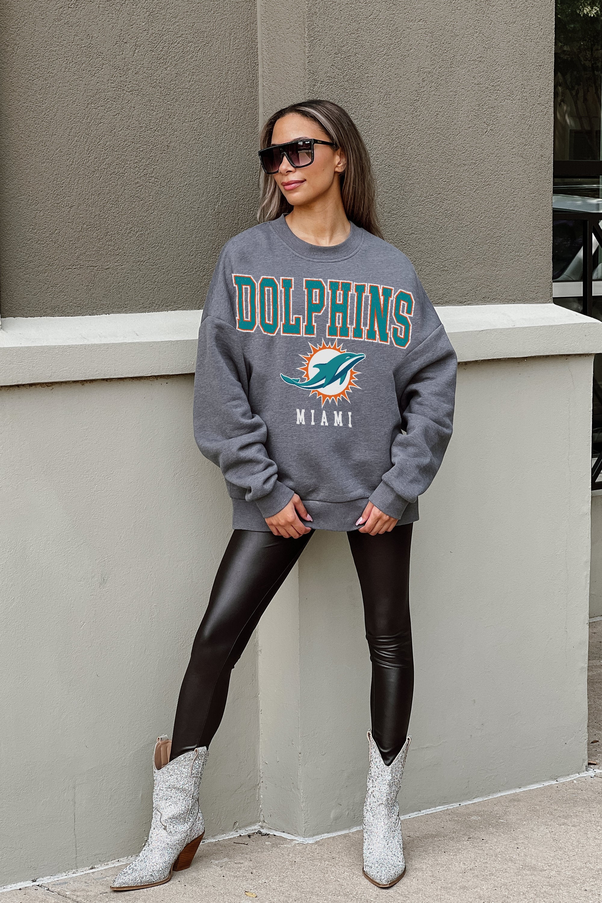 GC x NFL Miami Dolphins Bring The Energy Premium Fleece Drop Shoulder Crewneck Pullover M / Charcoal