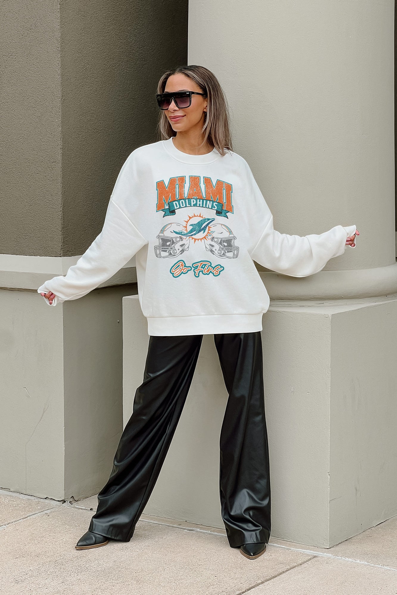 MIAMI DOLPHINS PASSING TIME PREMIUM FLEECE DROP SHOULDER CREWNECK PULLOVER