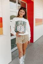 MIAMI HURRICANES TIME TO TAILGATE PREMIUM FLEECE DROP SHOULDER CREWNECK PULLOVER BY MADI PREWETT