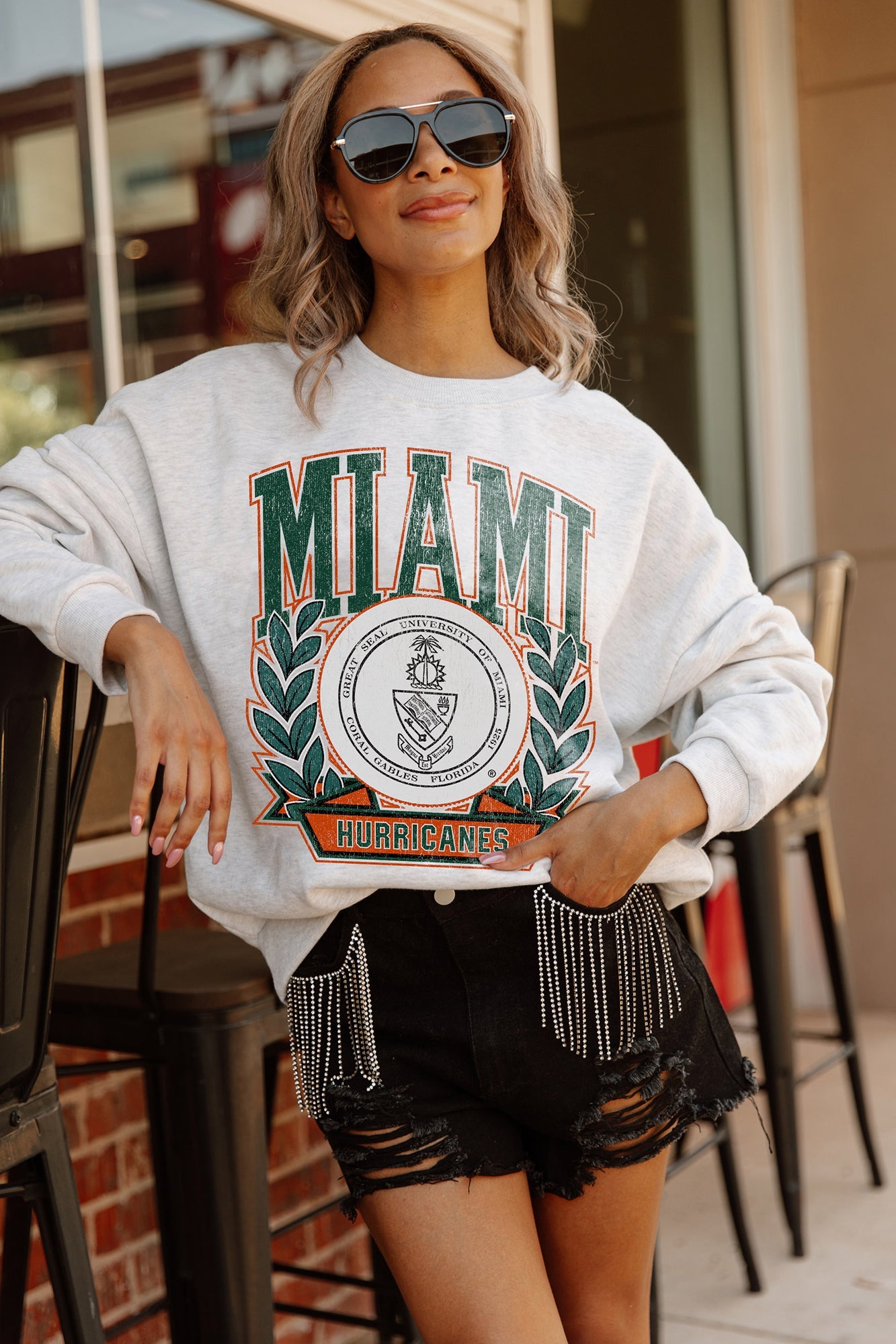 MIAMI HURRICANES GO FIGHT WIN PREMIUM FLEECE DROP SHOULDER CREWNECK PULLOVER BY MADI PREWETT