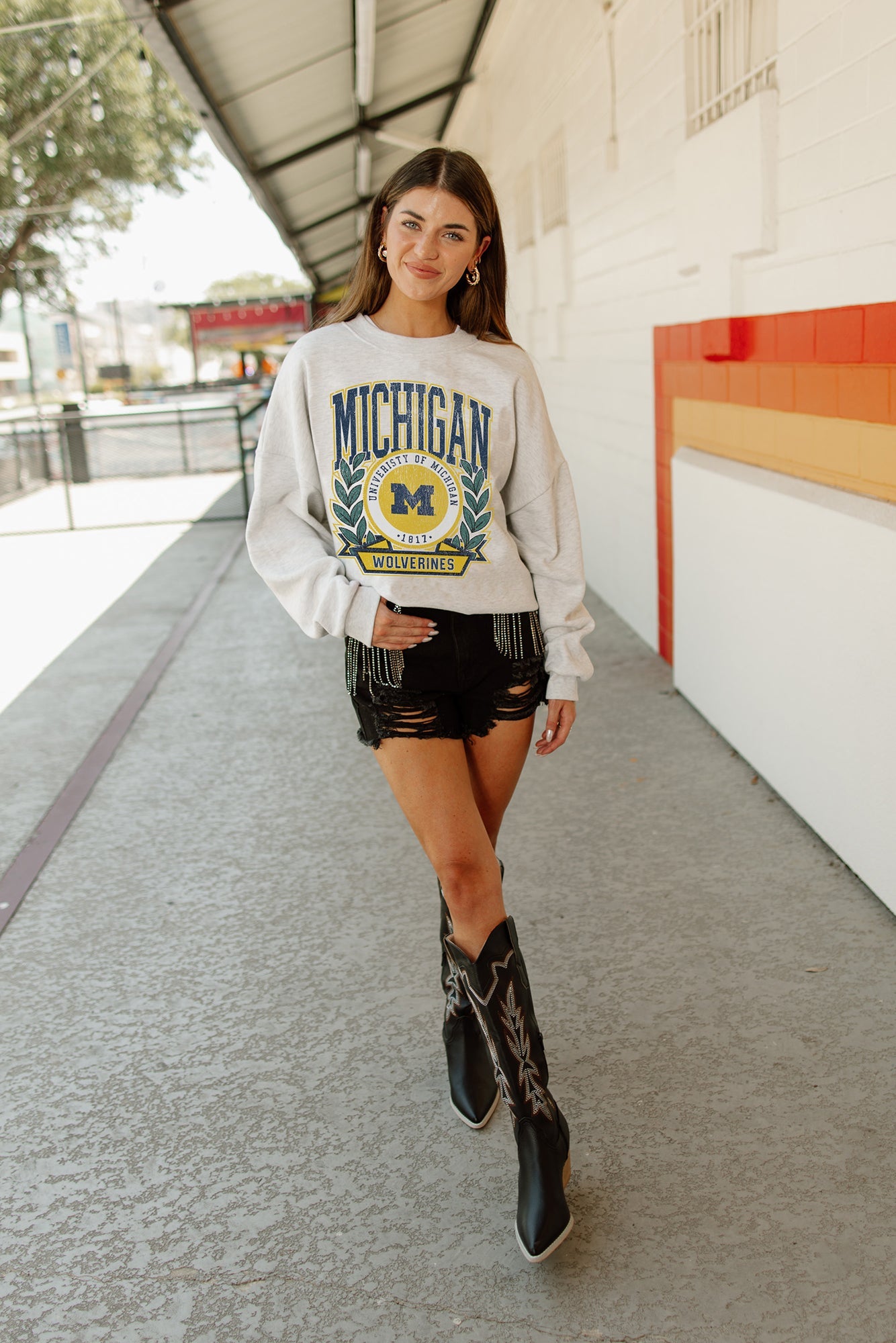 MICHIGAN WOLVERINES GO FIGHT WIN PREMIUM FLEECE DROP SHOULDER CREWNECK PULLOVER BY MADI PREWETT