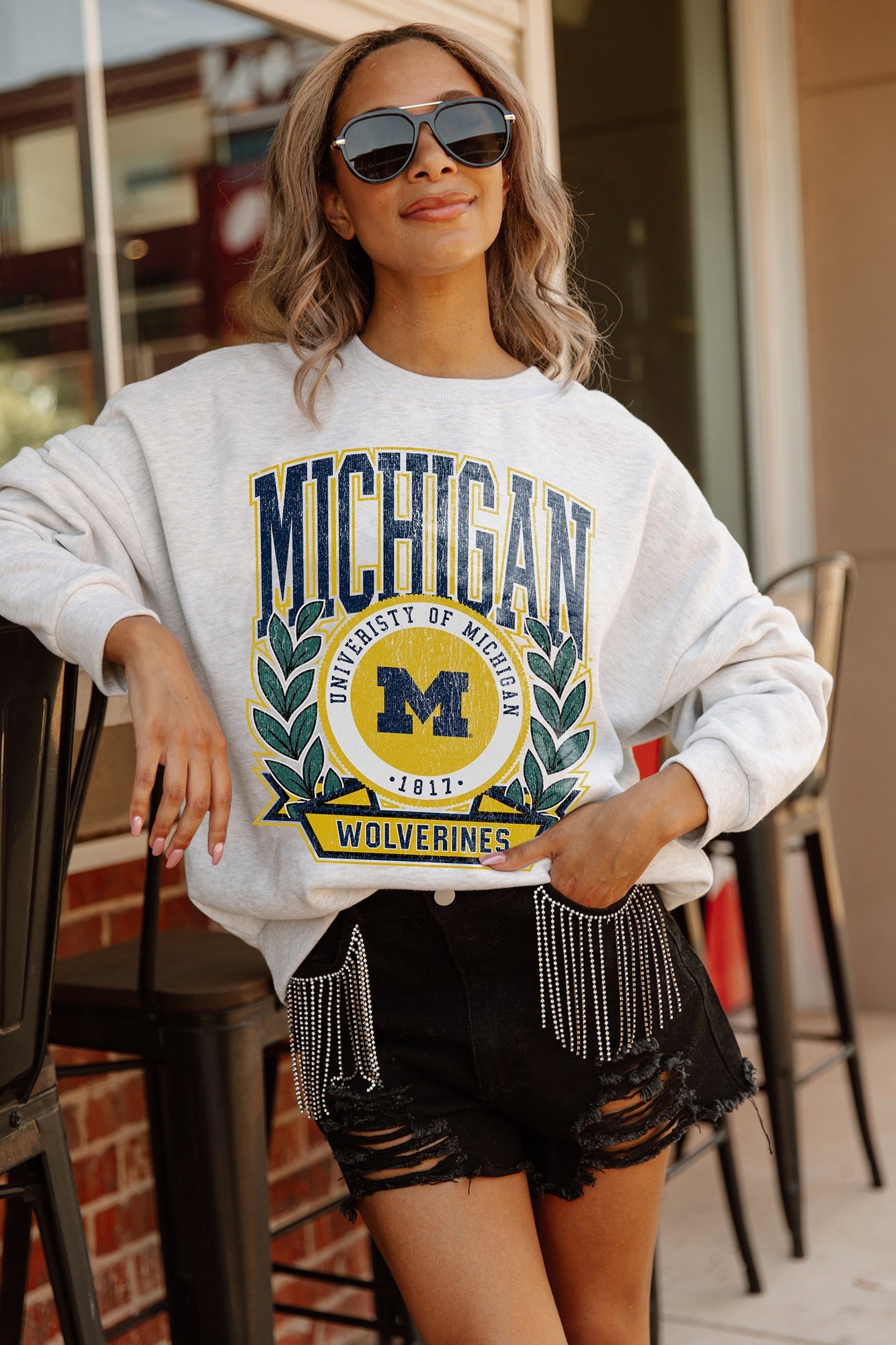 MICHIGAN WOLVERINES GO FIGHT WIN PREMIUM FLEECE DROP SHOULDER CREWNECK PULLOVER BY MADI PREWETT