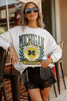 MICHIGAN WOLVERINES GO FIGHT WIN PREMIUM FLEECE DROP SHOULDER CREWNECK PULLOVER BY MADI PREWETT