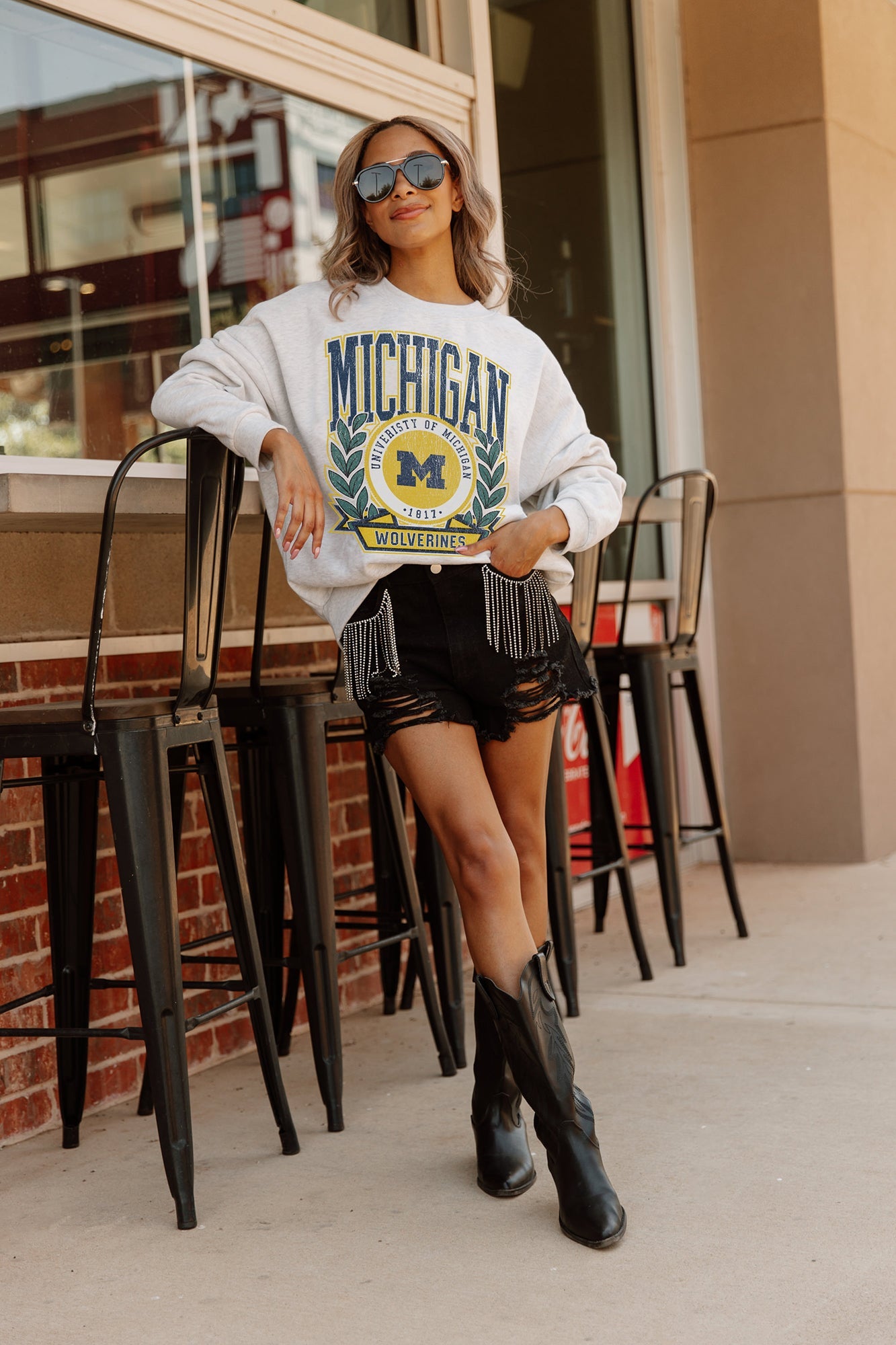 MICHIGAN WOLVERINES GO FIGHT WIN PREMIUM FLEECE DROP SHOULDER CREWNECK PULLOVER BY MADI PREWETT