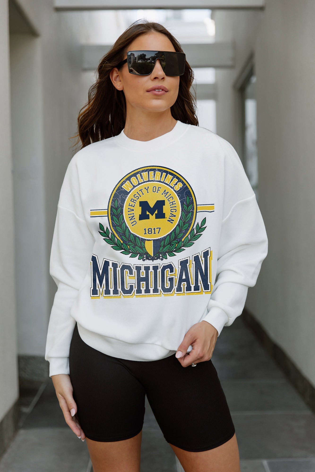 MICHIGAN WOLVERINES HOT SHOT PREMIUM FLEECE DROP SHOULDER CREWNECK PULLOVER