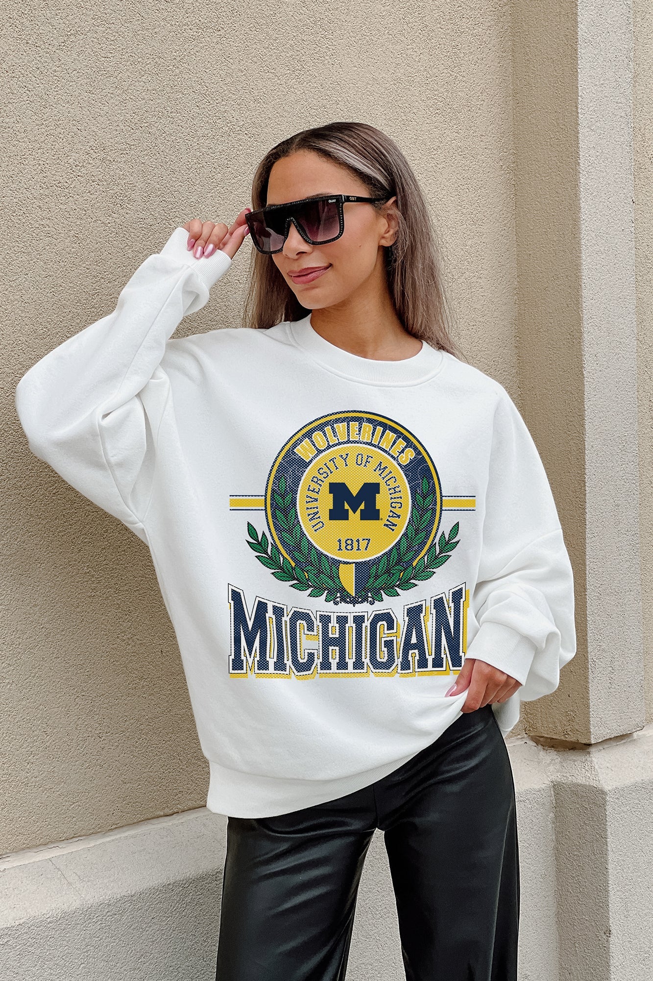 MICHIGAN WOLVERINES HOT SHOT PREMIUM FLEECE DROP SHOULDER CREWNECK PULLOVER