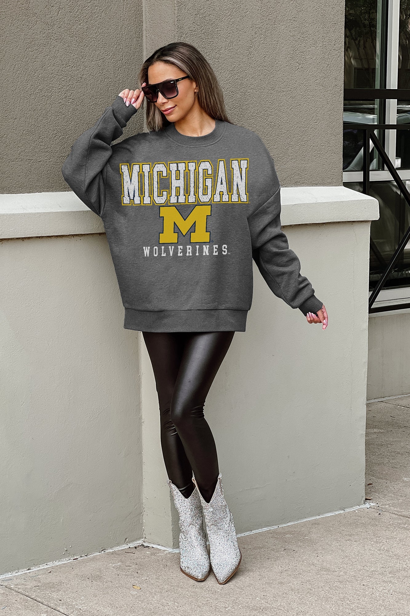 MICHIGAN WOLVERINES EASY STREET PREMIUM FLEECE DROP SHOULDER CREWNECK PULLOVER