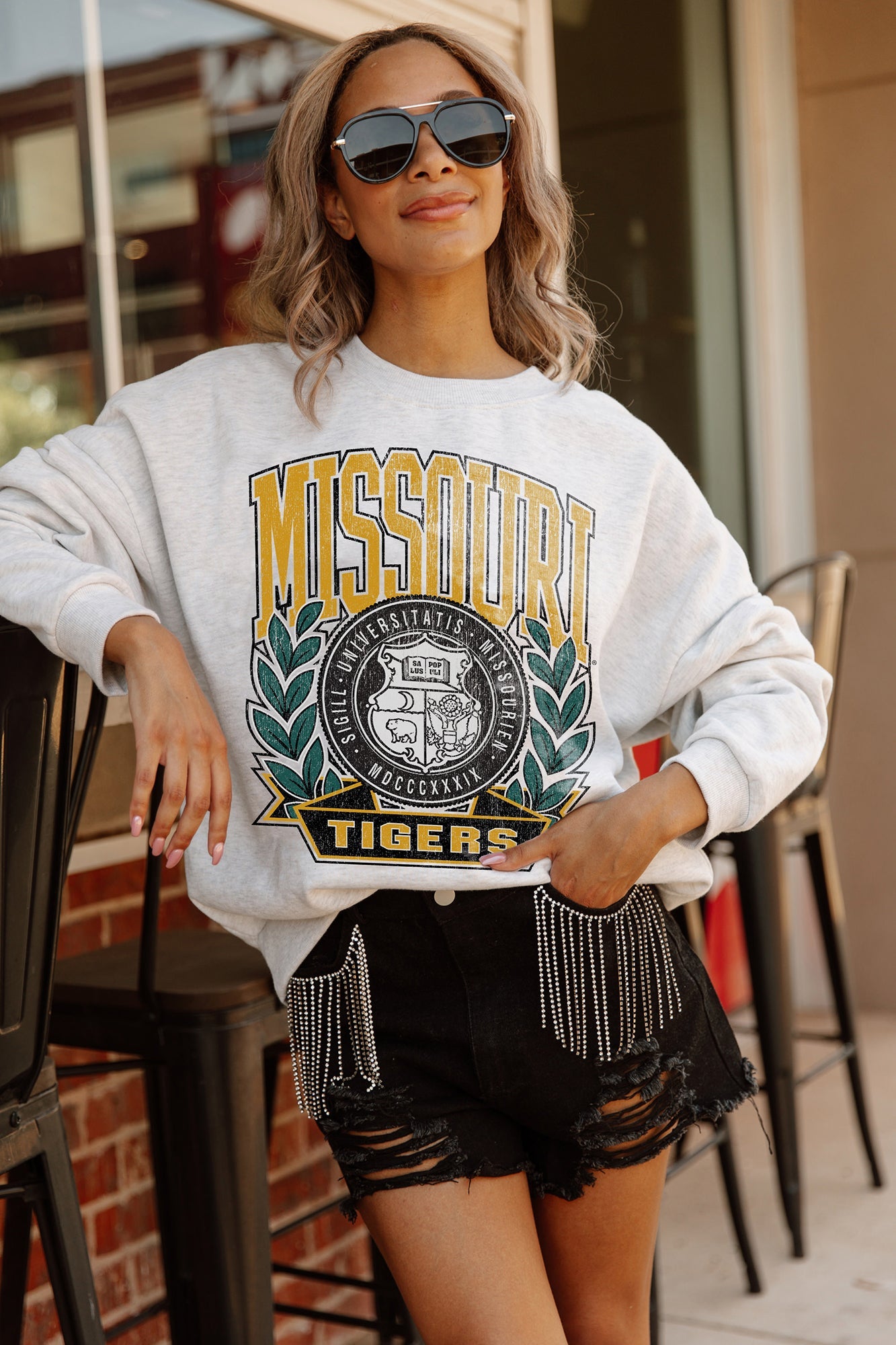 MISSOURI TIGERS GO FIGHT WIN PREMIUM FLEECE DROP SHOULDER CREWNECK PULLOVER BY MADI PREWETT