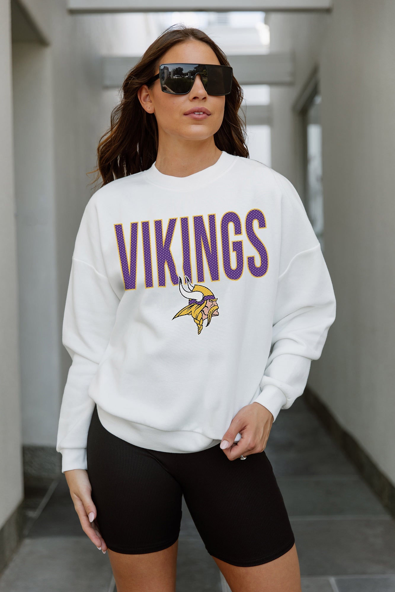 MINNESOTA VIKINGS JUST GO WITH IT PREMIUM FLEECE DROP SHOULDER CREWNECK PULLOVER