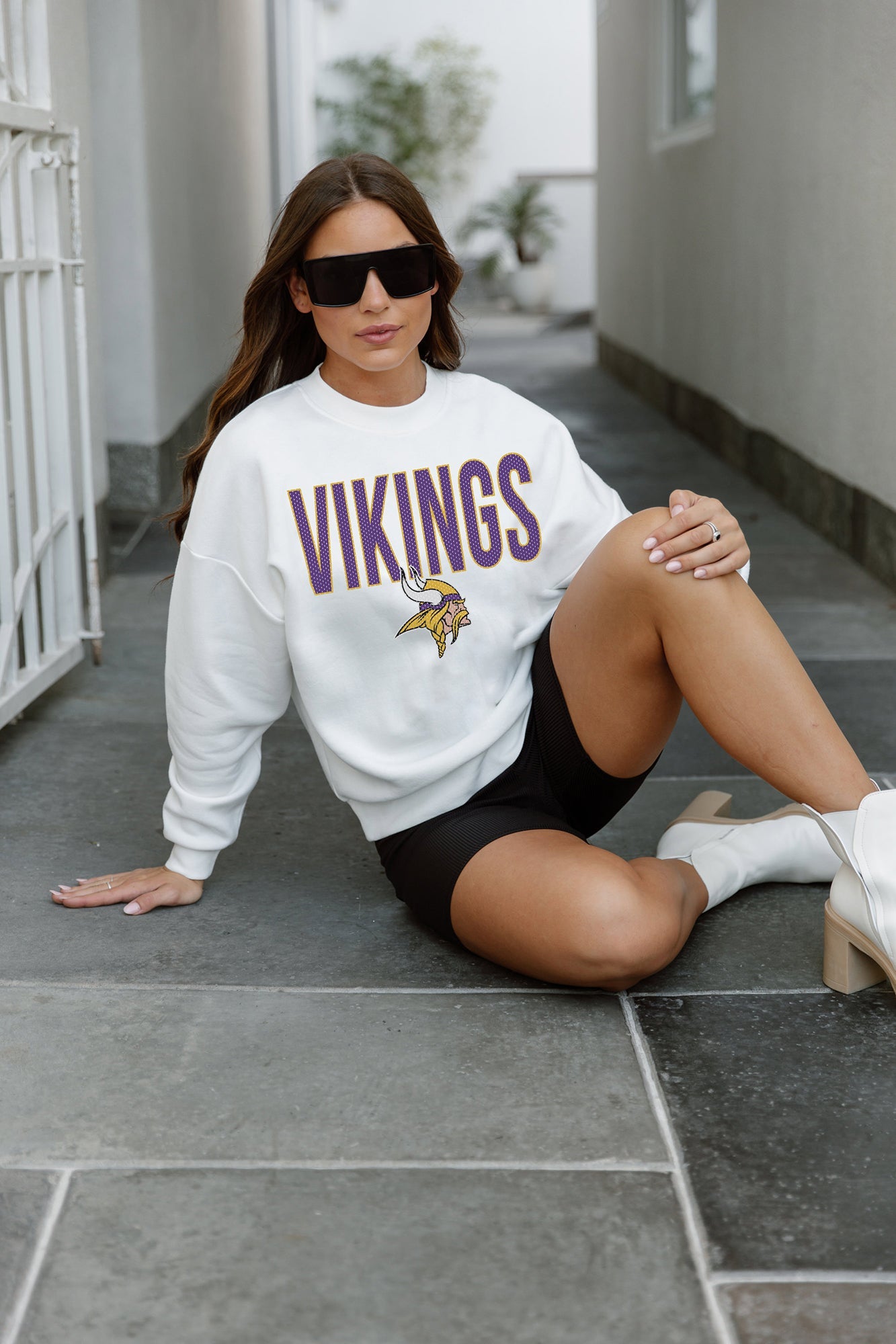 MINNESOTA VIKINGS YARD LINE LONG SLEEVE FLEECE CREWNECK SWEATSHIRT WITH  RIBBED KNIT COLLAR, WRIST, AND WAISTBAND