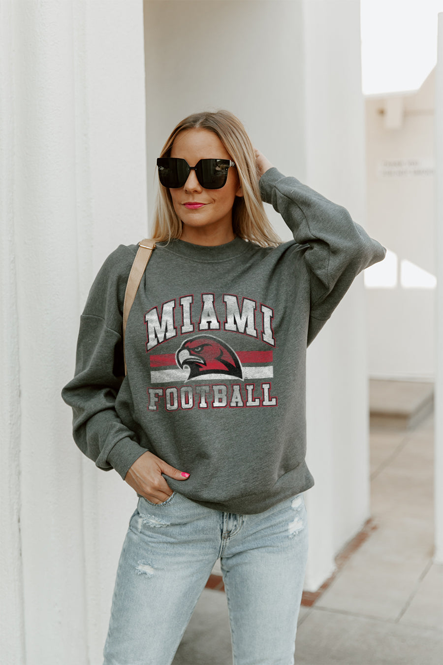 MIAMI OF OHIO REDHAWKS PLAYMAKER PREMIUM FLEECE DROP SHOULDER CREWNECK PULLOVER