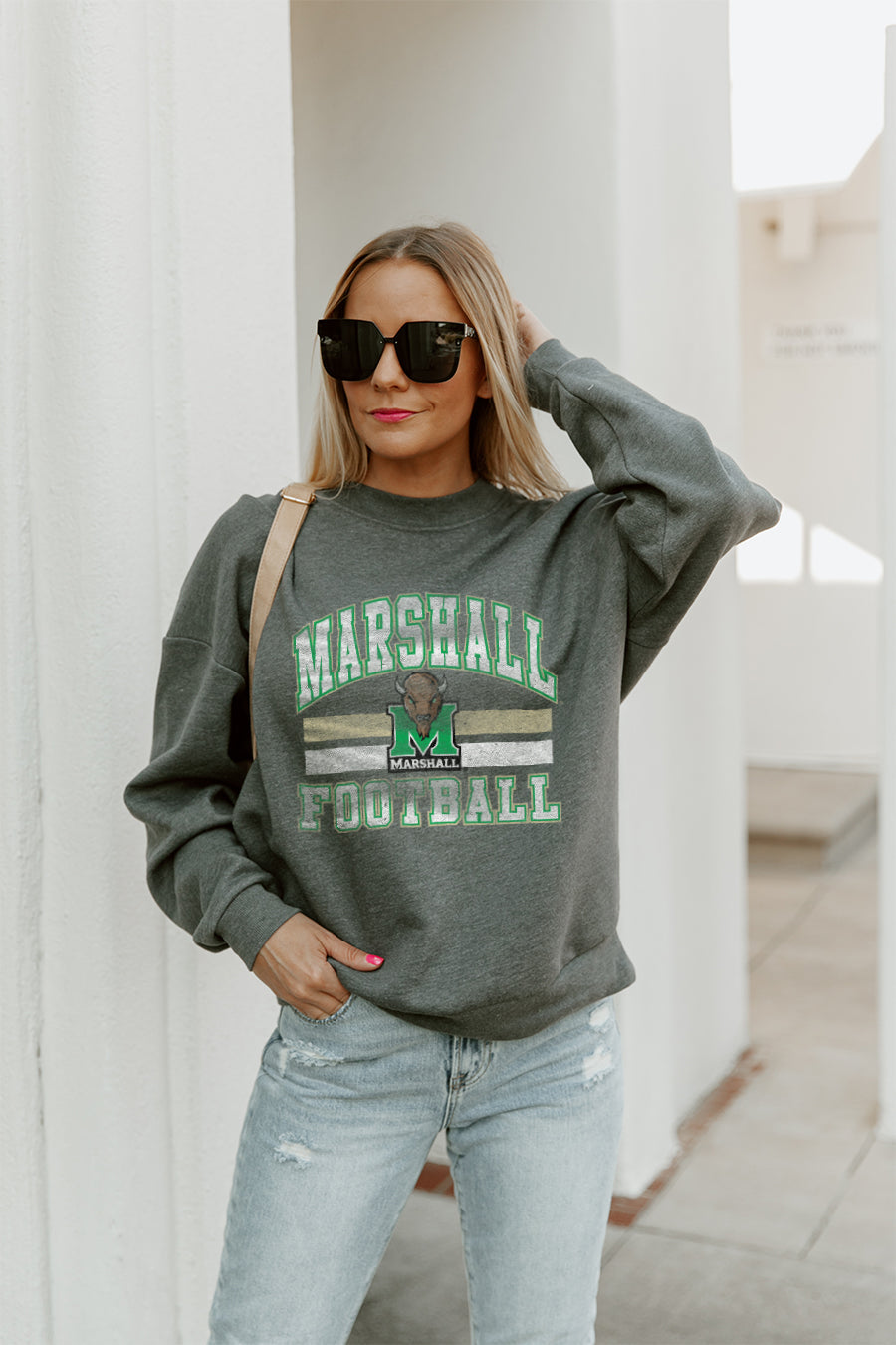 MARSHALL THUNDERING HERD PLAYMAKER PREMIUM FLEECE DROP SHOULDER CREWNECK PULLOVER