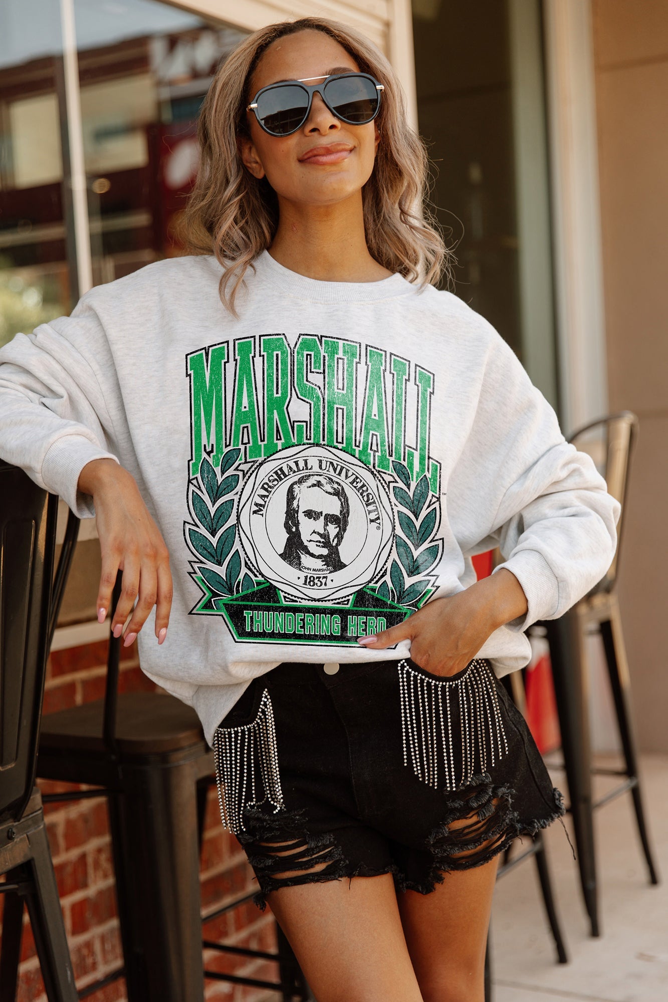 MARSHALL THUNDERING HERD GO FIGHT WIN PREMIUM FLEECE DROP SHOULDER CREWNECK PULLOVER BY MADI PREWETT