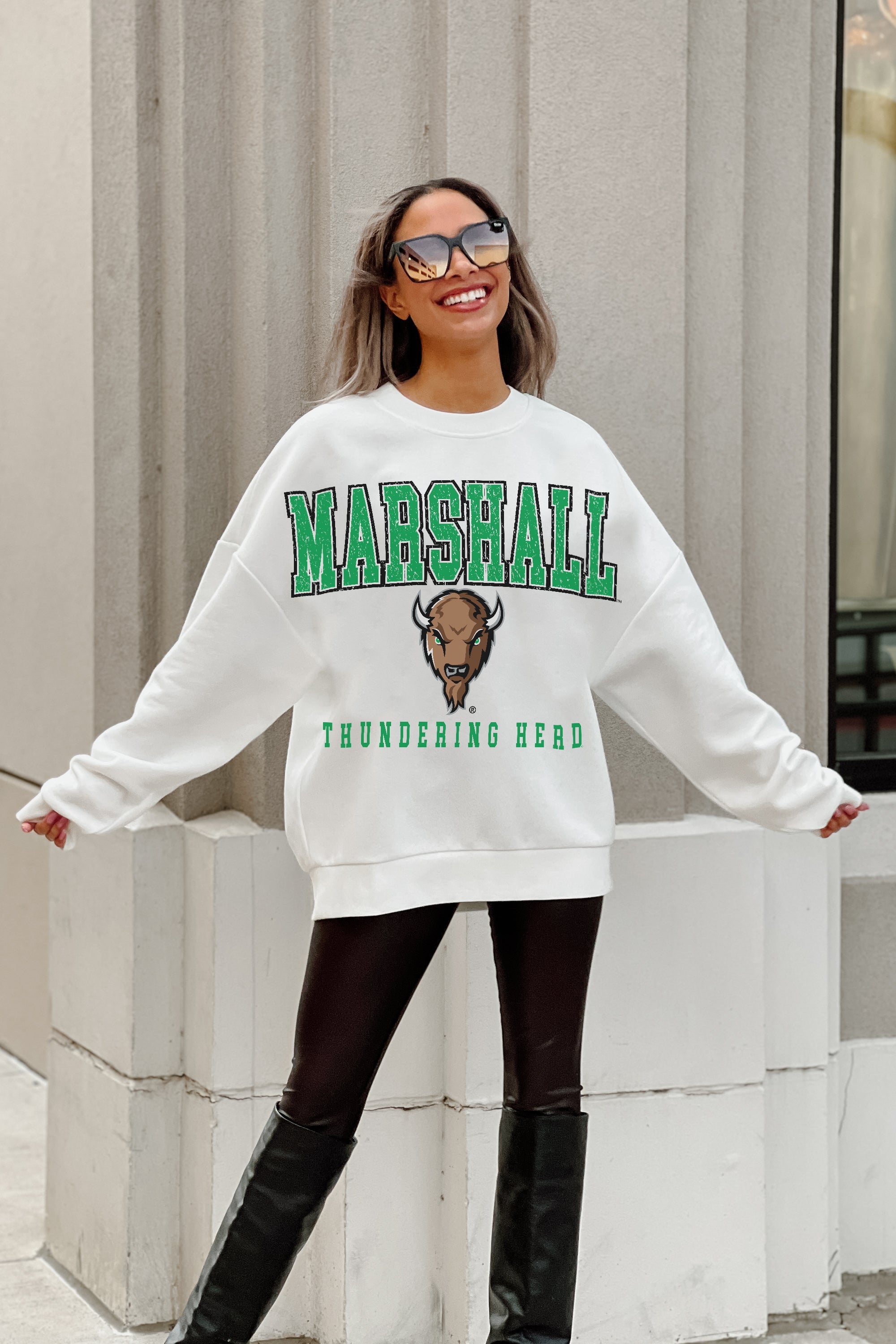 MARSHALL THUNDERING HERD FREESTYLE PREMIUM FLEECE DROP SHOULDER CREWNECK PULLOVER