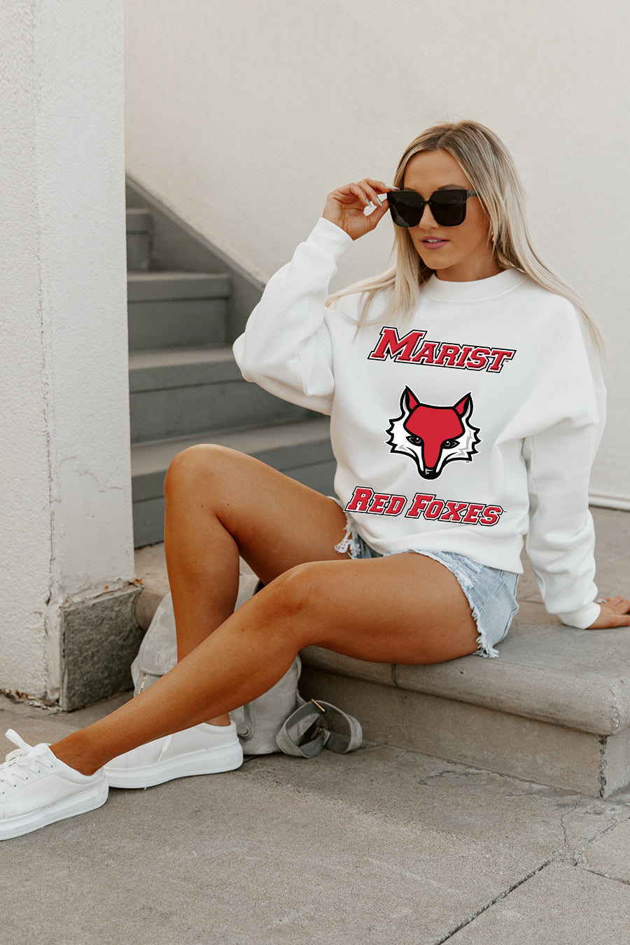 MARIST RED FOXES PLAY ON PREMIUM FLEECE DROP SHOULDER CREWNECK PULLOVER