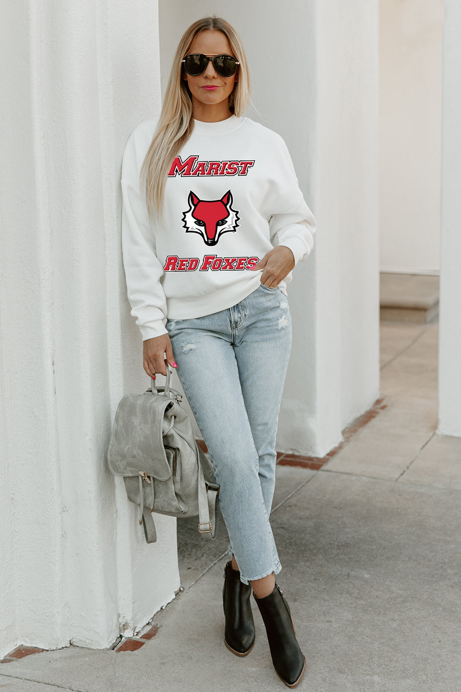 MARIST RED FOXES PLAY ON PREMIUM FLEECE DROP SHOULDER CREWNECK PULLOVER