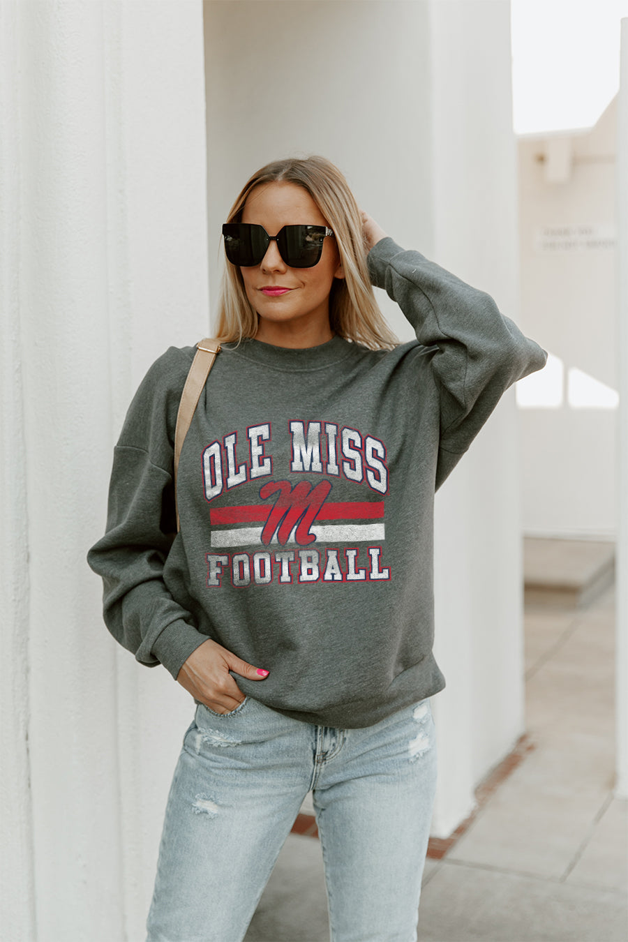 OLE MISS REBELS PLAYMAKER PREMIUM FLEECE DROP SHOULDER CREWNECK PULLOVER