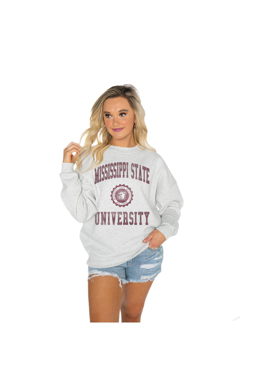 Women's Gameday Couture Gray Mississippi State Bulldogs Here to Play Oversized T-Shirt Size: Large