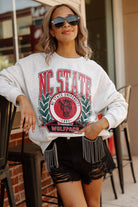 NORTH CAROLINA STATE WOLFPACK GO FIGHT WIN PREMIUM FLEECE DROP SHOULDER CREWNECK PULLOVER BY MADI PREWETT