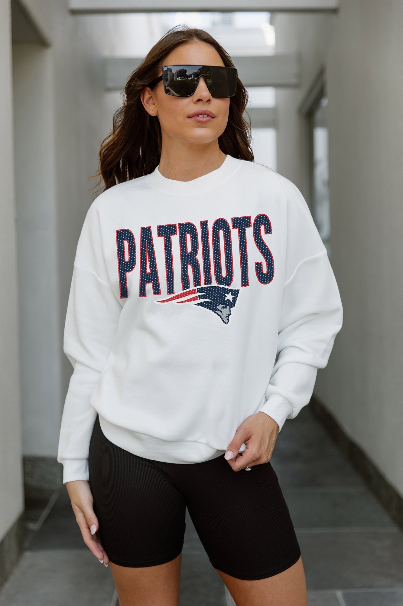 NEW ENGLAND PATRIOTS JUST GO WITH IT PREMIUM FLEECE DROP SHOULDER CREWNECK PULLOVER