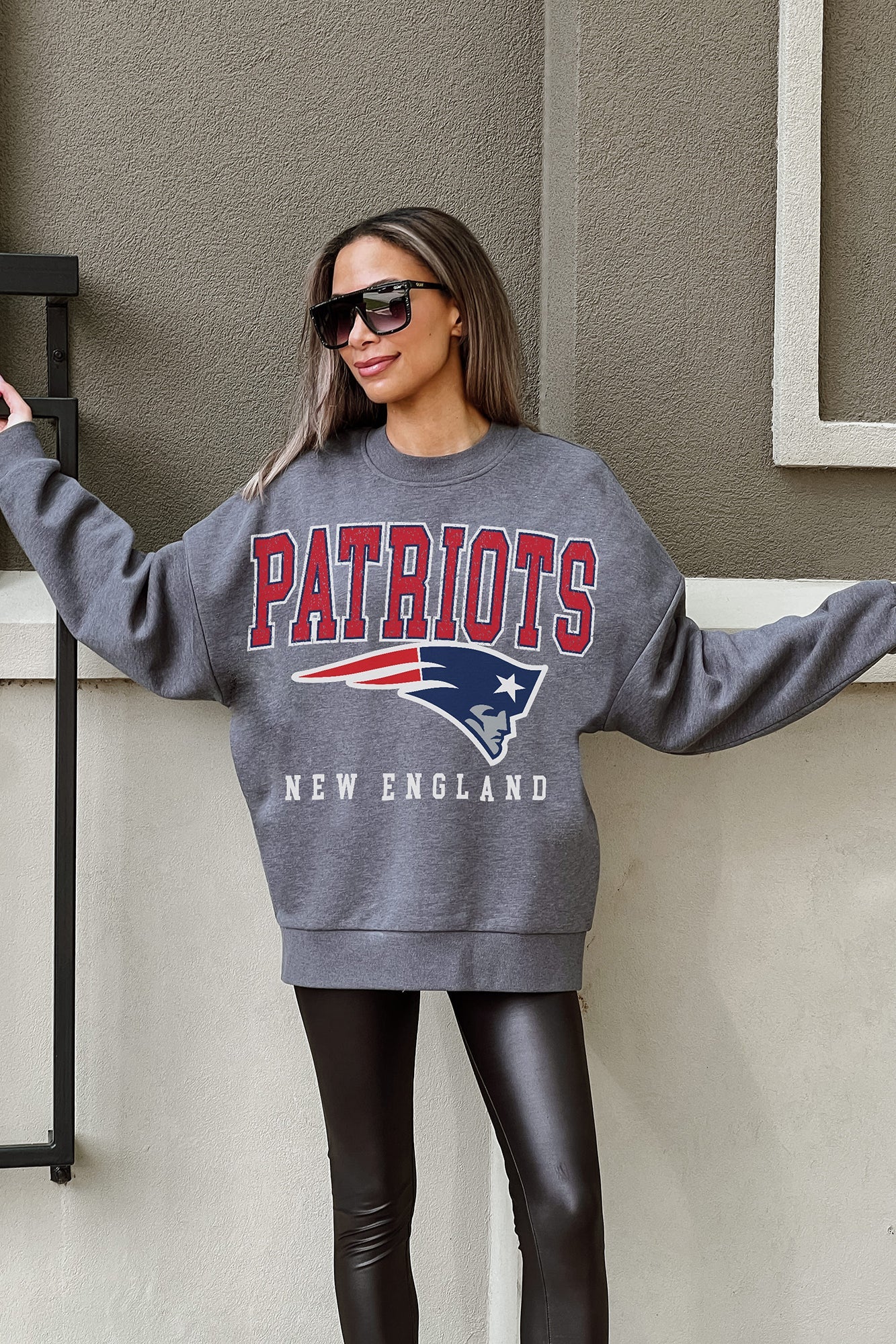 NEW ENGLAND PATRIOTS BRING THE ENERGY PREMIUM FLEECE DROP SHOULDER CREWNECK PULLOVER