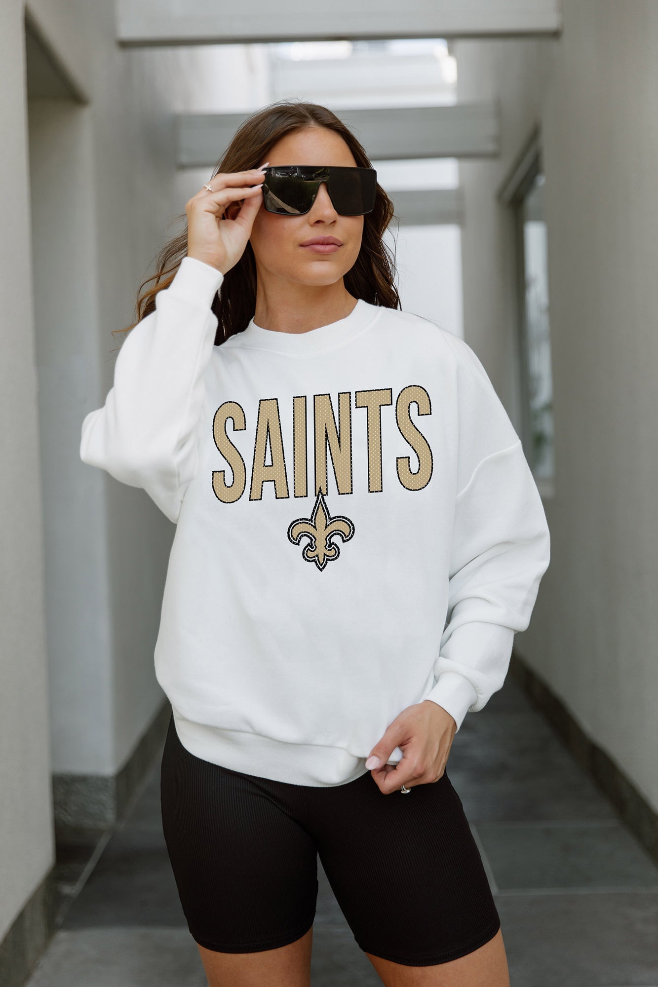 NEW ORLEANS SAINTS JUST GO WITH IT PREMIUM FLEECE DROP SHOULDER CREWNECK PULLOVER