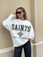 NEW ORLEANS SAINTS SUNDAY DRIVES PREMIUM FLEECE DROP SHOULDER CREWNECK PULLOVER