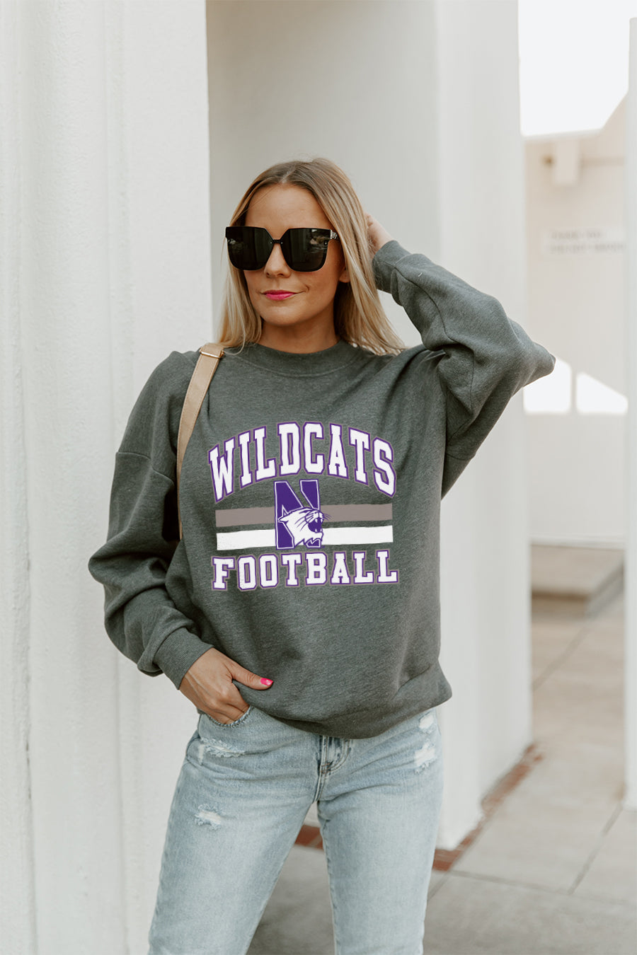 NORTHWESTERN WILDCATS PLAYMAKER PREMIUM FLEECE DROP SHOULDER CREWNECK PULLOVER