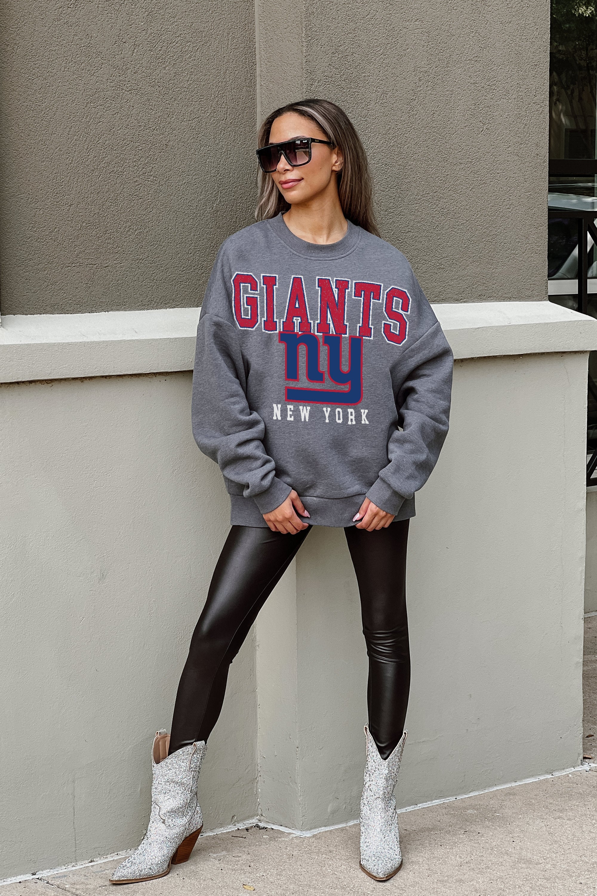 NEW YORK GIANTS BRING THE ENERGY PREMIUM FLEECE DROP SHOULDER CREWNECK PULLOVER