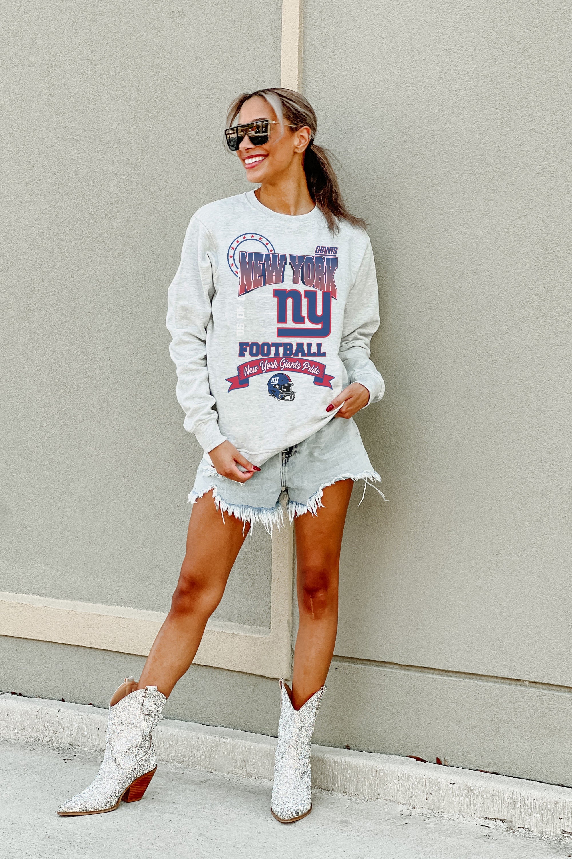 NEW YORK GIANTS RUN THE SHOW PREMIUM FLEECE DROP SHOULDER CREWNECK PULLOVER