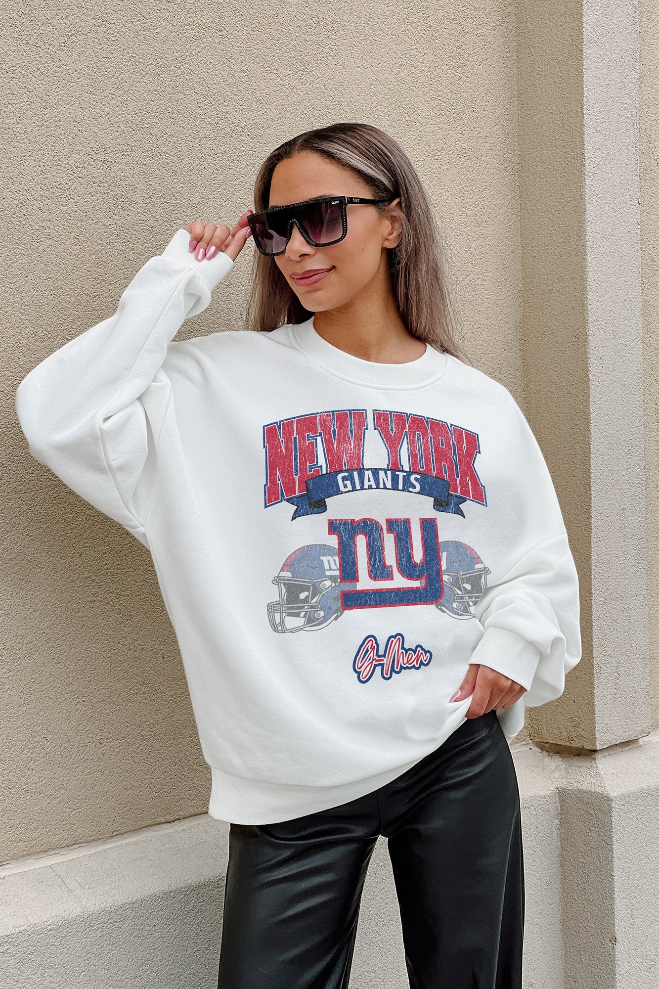 NEW YORK GIANTS PASSING TIME PREMIUM FLEECE DROP SHOULDER CREWNECK PULLOVER