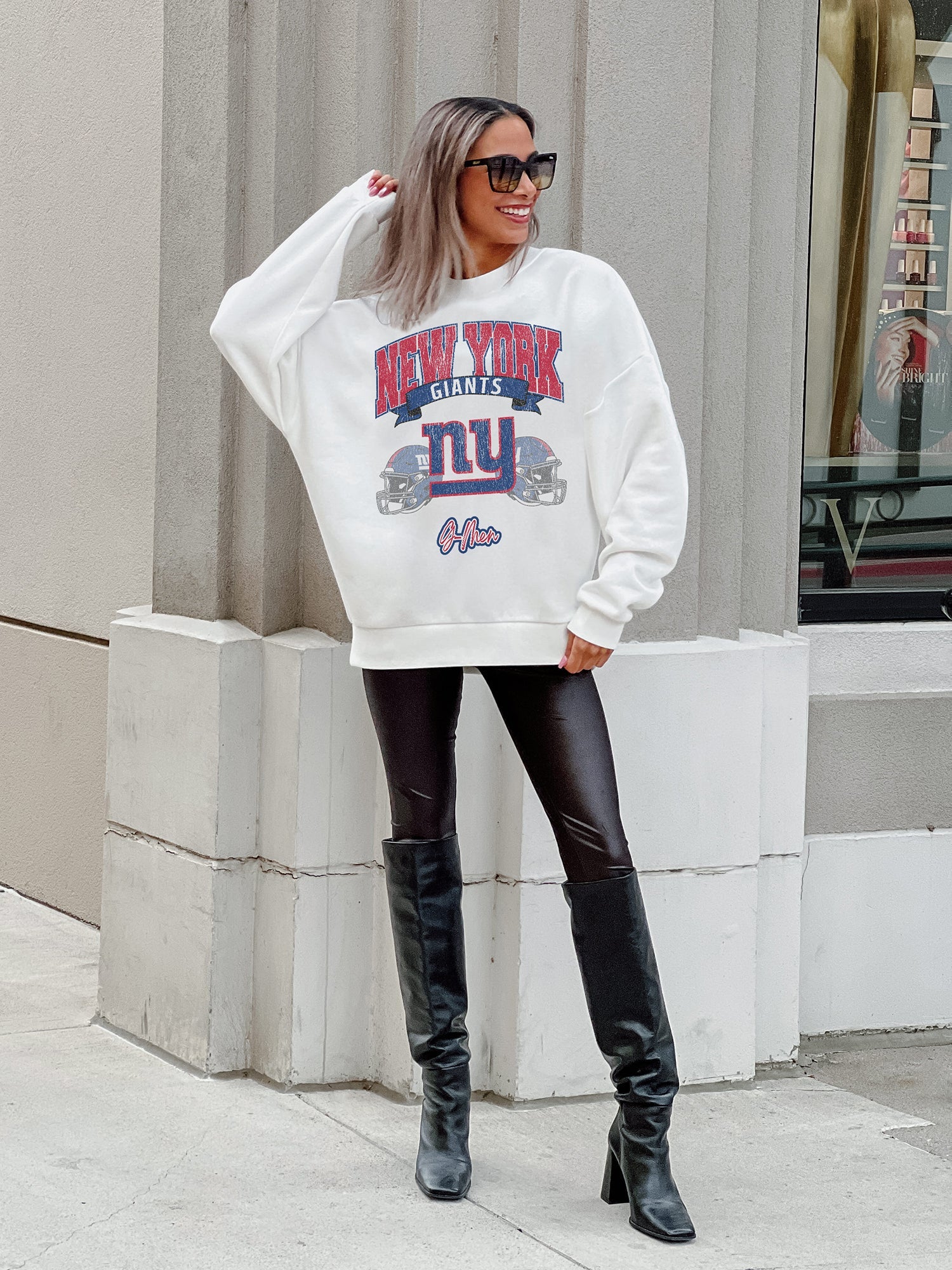 NEW YORK GIANTS PASSING TIME PREMIUM FLEECE DROP SHOULDER CREWNECK PULLOVER