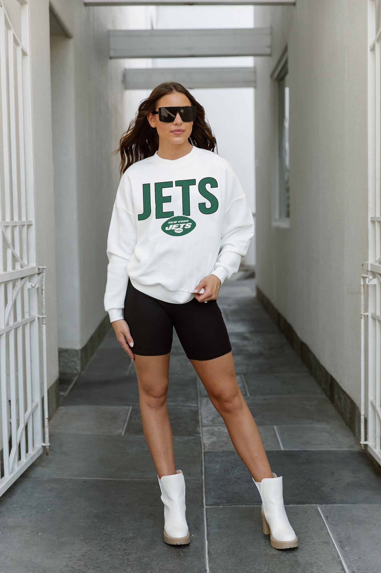 NEW YORK JETS JUST GO WITH IT PREMIUM FLEECE DROP SHOULDER CREWNECK PULLOVER