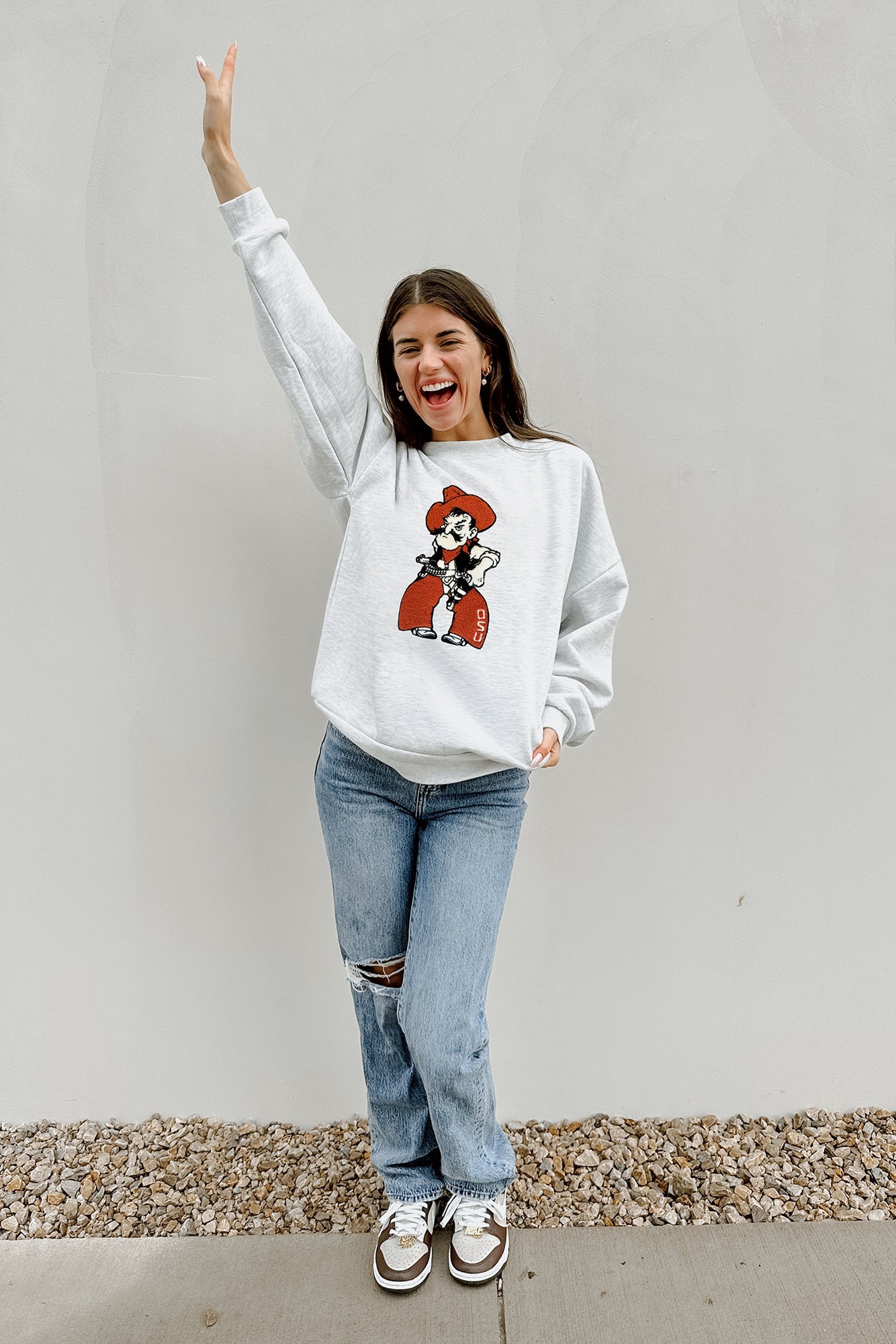 OKLAHOMA STATE COWBOYS TAILGATE QUEEN PREMIUM FLEECE DROP SHOULDER CREWNECK PULLOVER BY MADI PREWETT TROUTT