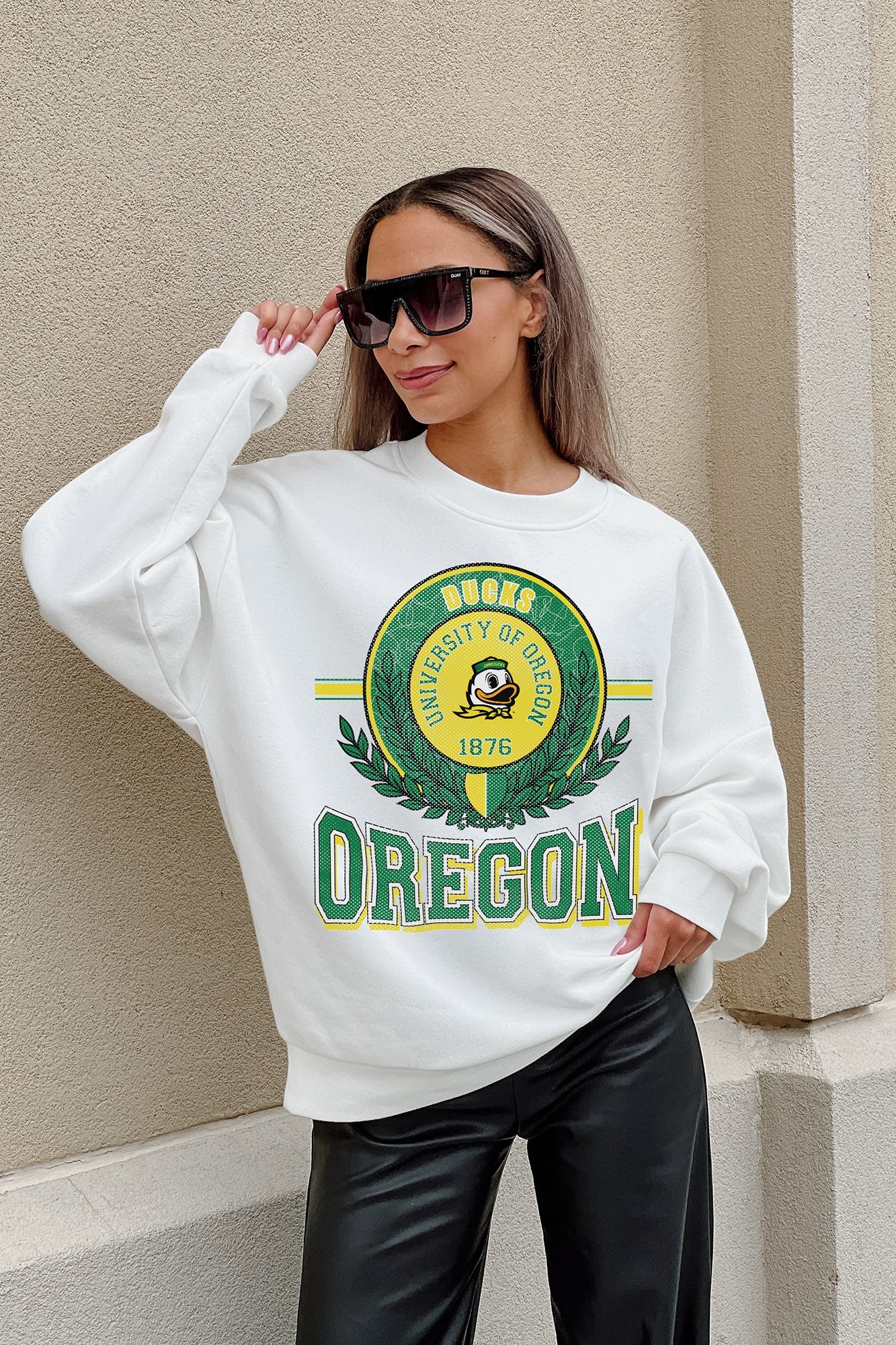 OREGON DUCKS HOT SHOT PREMIUM FLEECE DROP SHOULDER CREWNECK PULLOVER