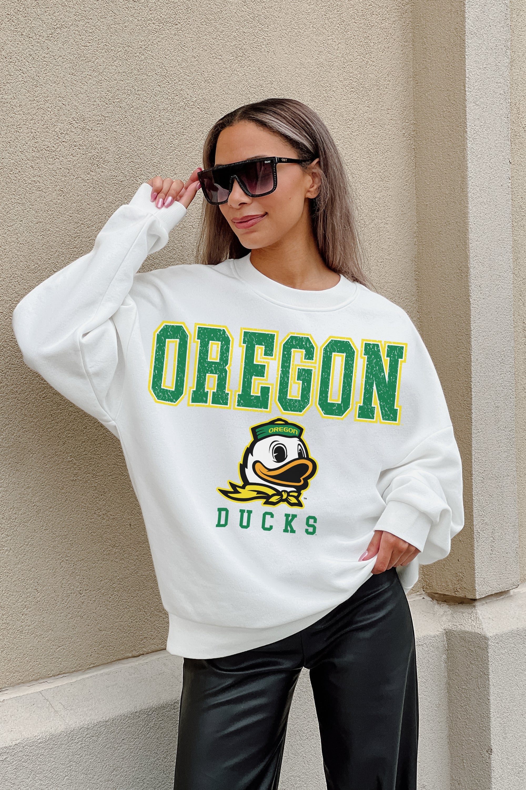 OREGON DUCKS FREESTYLE PREMIUM FLEECE DROP SHOULDER CREWNECK PULLOVER