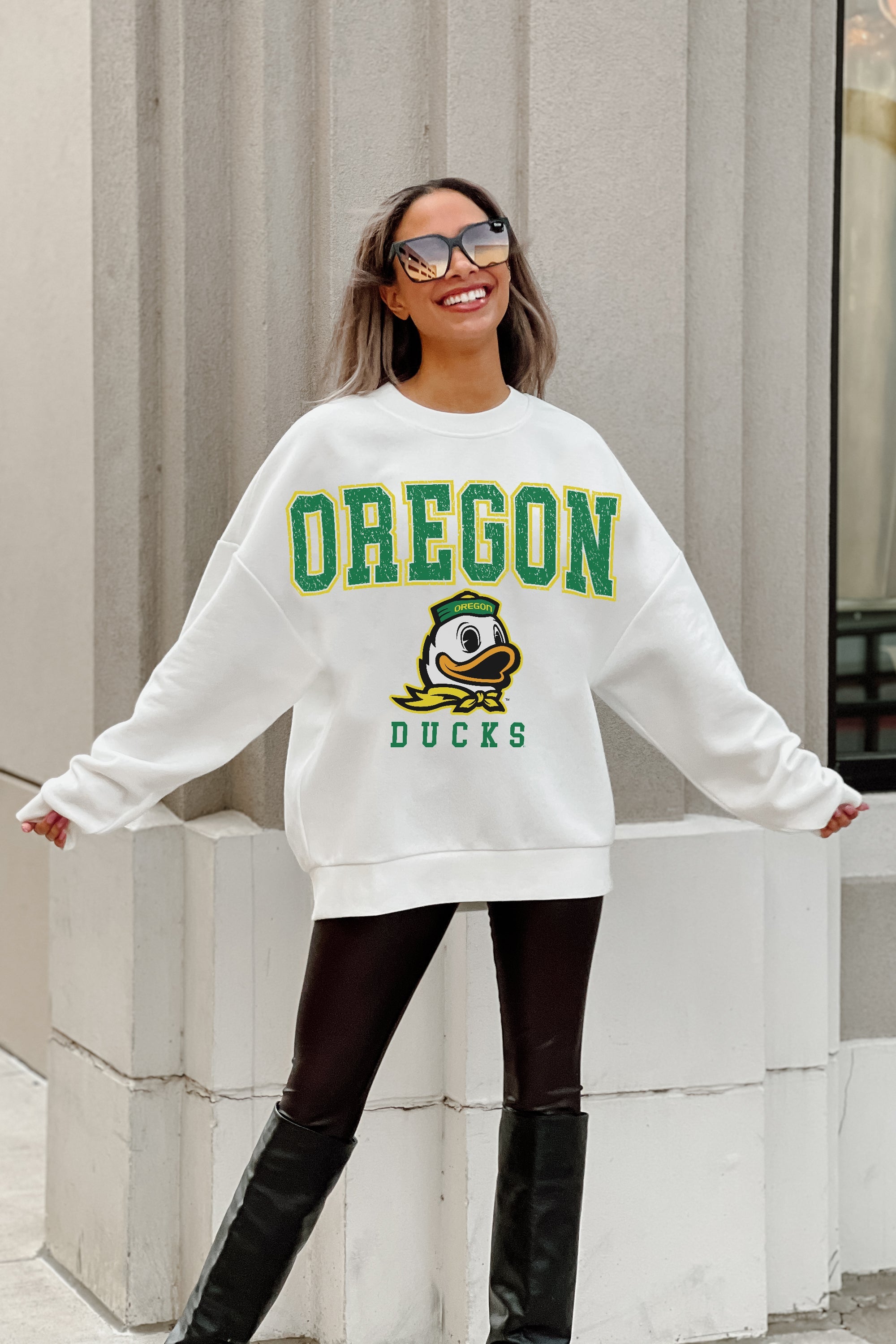 OREGON DUCKS FREESTYLE PREMIUM FLEECE DROP SHOULDER CREWNECK PULLOVER