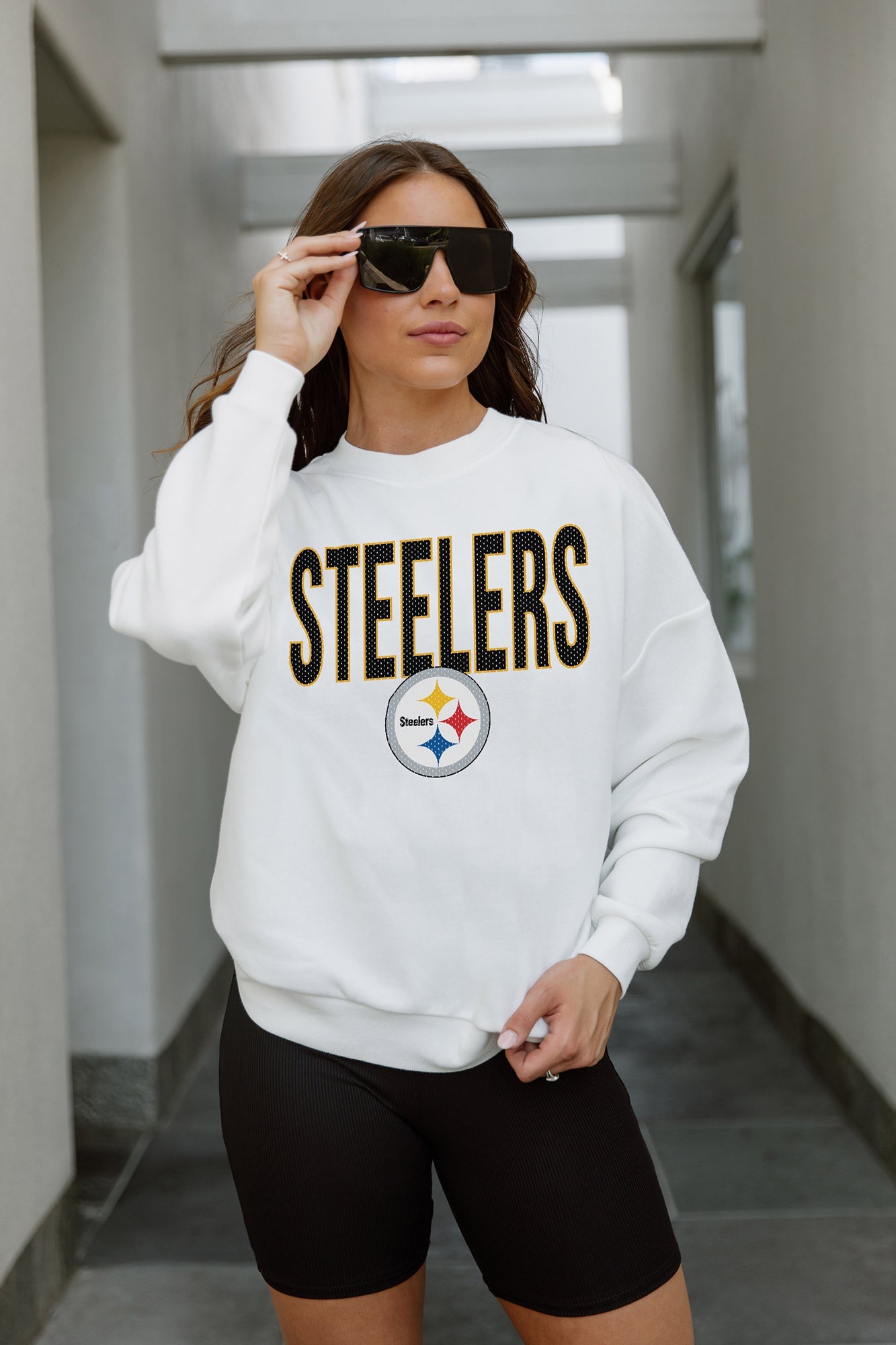 PITTSBURGH STEELERS JUST GO WITH IT PREMIUM FLEECE DROP SHOULDER CREWNECK PULLOVER