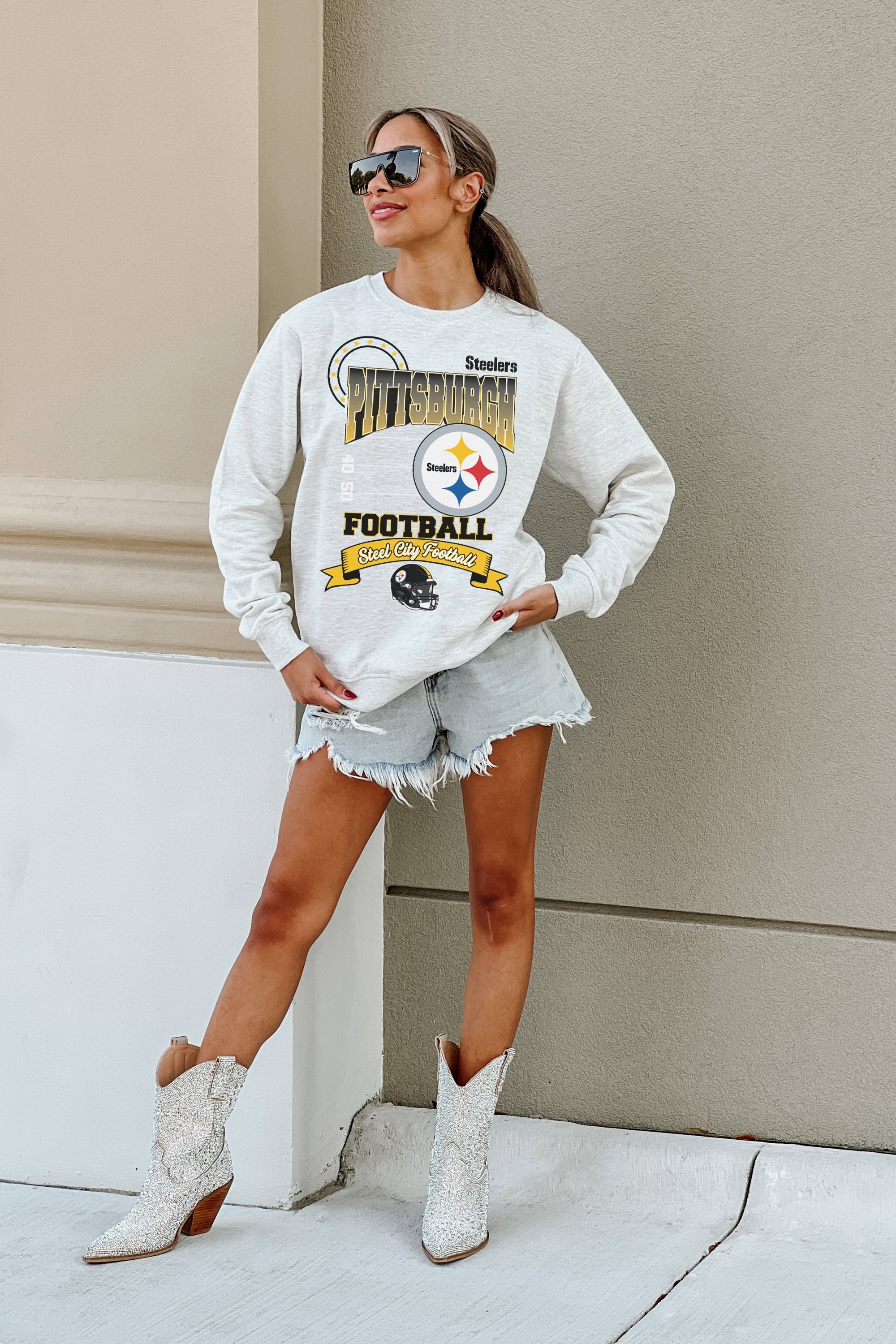 PITTSBURGH STEELERS RUN THE SHOW PREMIUM FLEECE DROP SHOULDER CREWNECK PULLOVER